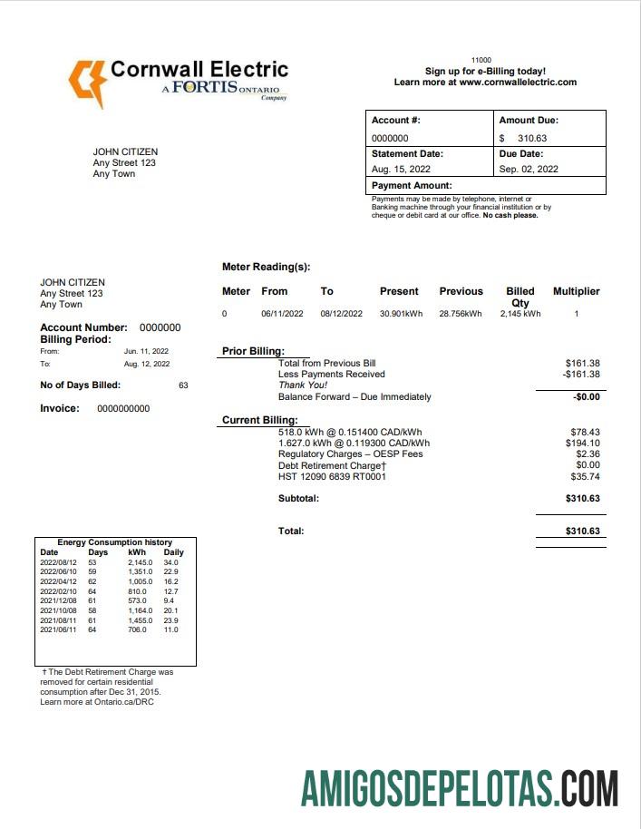 imprimível Modelo de conta de serviços públicos elétricos da Cornualha dos EUA em formato Word e PDF